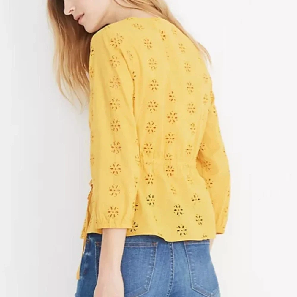 Madewell Mustard Yellow Scalloped Eyelet Wrap Top SIze Extra Extra Small - Picture 9 of 16